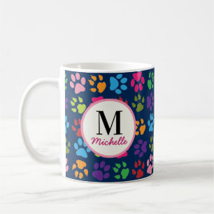 Cute Funny Pet Paw Print on Navy Monogrammed Coffee Mug