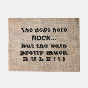 Cute Funny Pets Dogs Rock Cats Rule on Burlap Doormat