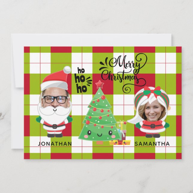 Cute Funny Photo Plaid Santa Family Christmas Holiday Card (Front)