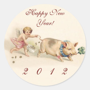 Cute Funny Pig and Angel - Happy New Year 2012 Classic Round Sticker