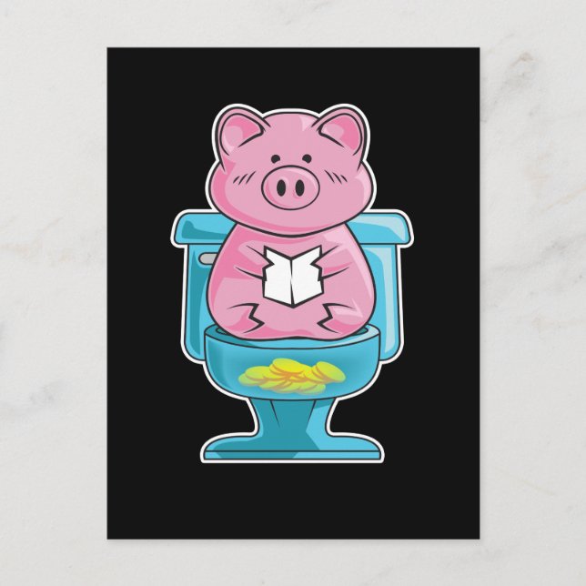 Cute & Funny Pig On Toilet Piggy Bank Postcard (Front)
