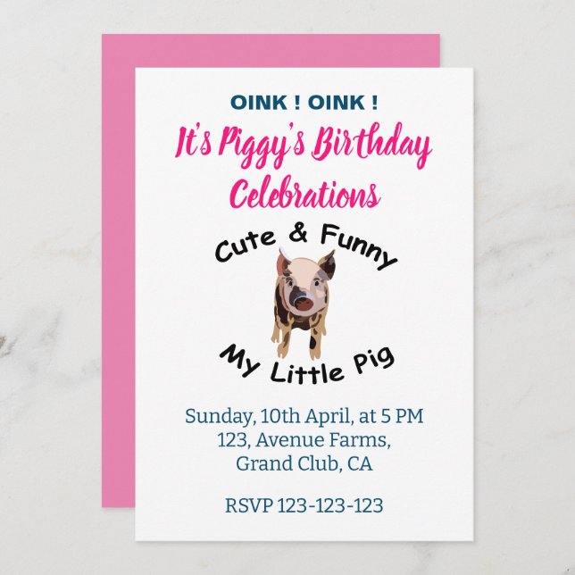 Cute Funny Pig's Birthday Farm Animal Party Invitation (Front/Back)