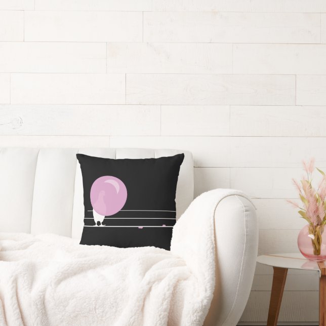 Cute Funny Pink Bubble Gum Birds On a Wire Black Cushion (Couch)