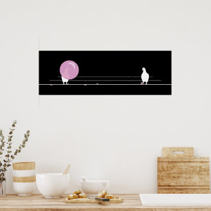 Cute Funny Pink Bubble Gum Birds On a Wire Black Poster