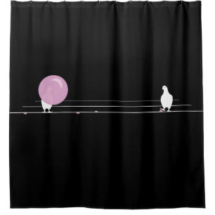 Cute Funny Pink Bubble Gum Birds On a Wire Black Shower Curtain