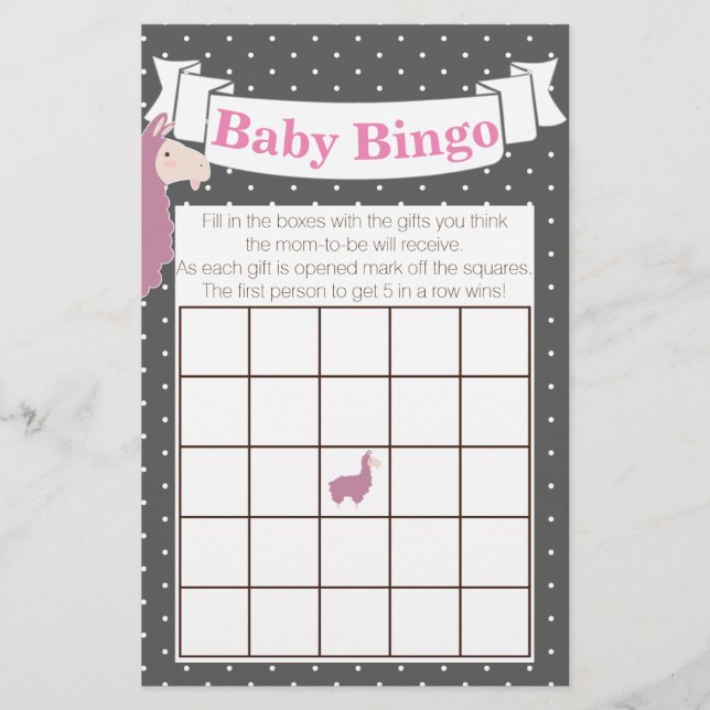 Cute Funny Pink Llama Baby Shower Bingo Flyer (Front)