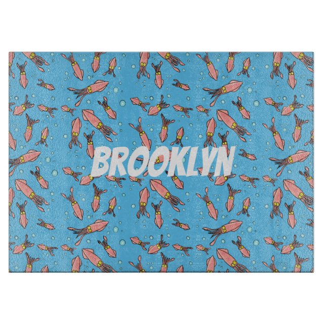 Cute funny pink squid cartoon pattern cutting board (Front)