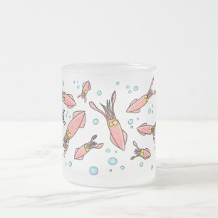 Cute funny pink squid cartoon pattern frosted glass coffee mug