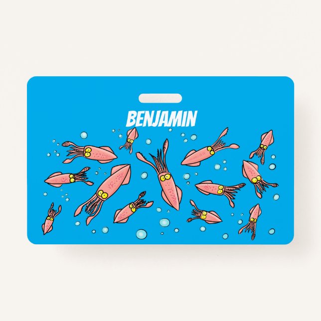Cute funny pink squid cartoon pattern ID badge (Front)