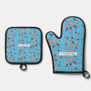 Cute funny pink squid cartoon pattern oven mitt & pot holder set