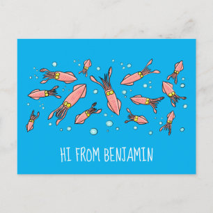 Cute funny pink squid cartoon pattern postcard