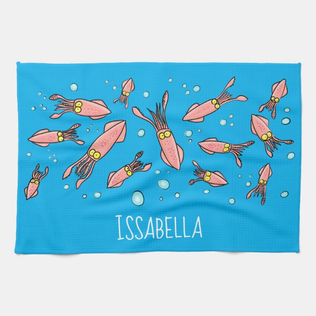 Cute funny pink squid cartoon pattern tea towel (Horizontal)