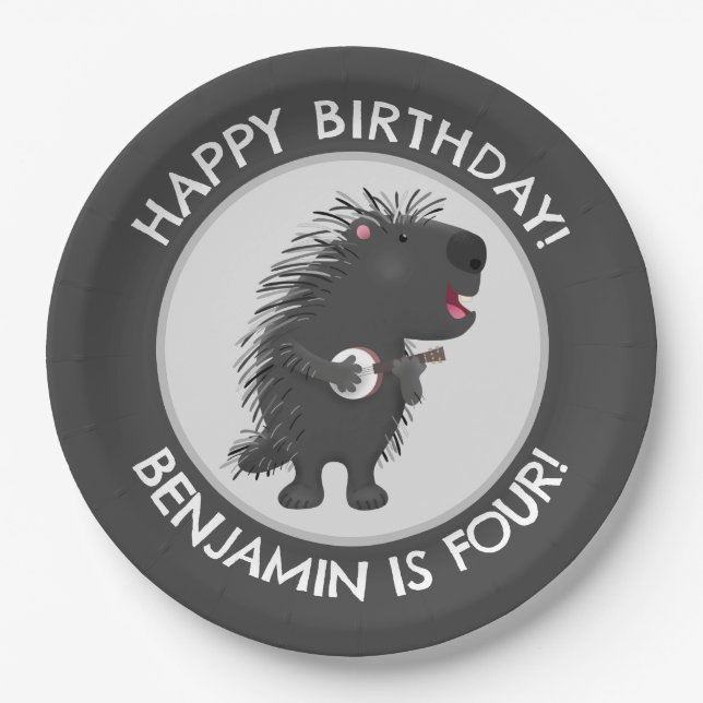 Cute funny porcupine personalised birthday cartoon paper plate (Front)