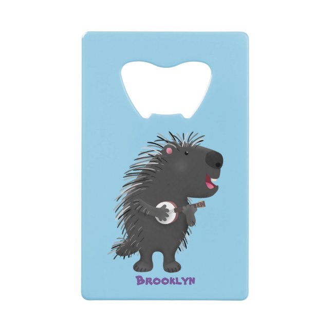 Cute funny porcupine playing banjo cartoon (Front)