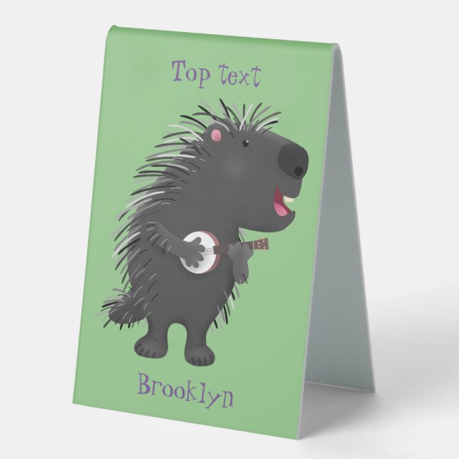Cute funny porcupine playing banjo cartoon (Front)
