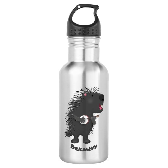 Cute funny porcupine playing banjo cartoon 532 ml water bottle (Front)