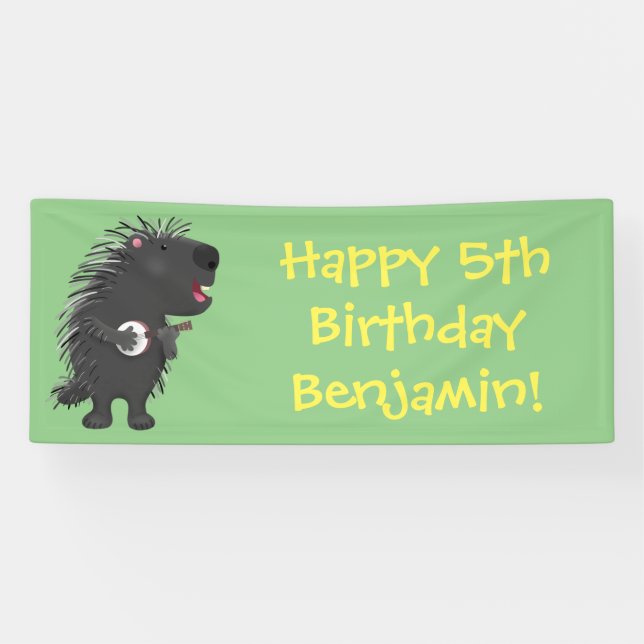 Cute funny porcupine playing banjo cartoon banner (Horizontal)