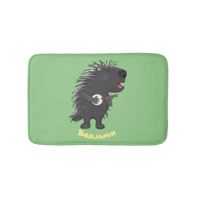 Cute funny porcupine playing banjo cartoon bath mat (Front)