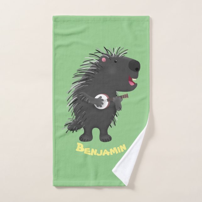 Cute funny porcupine playing banjo cartoon bath towel set (Hand Towel)
