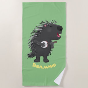 Cute funny porcupine playing banjo cartoon beach towel