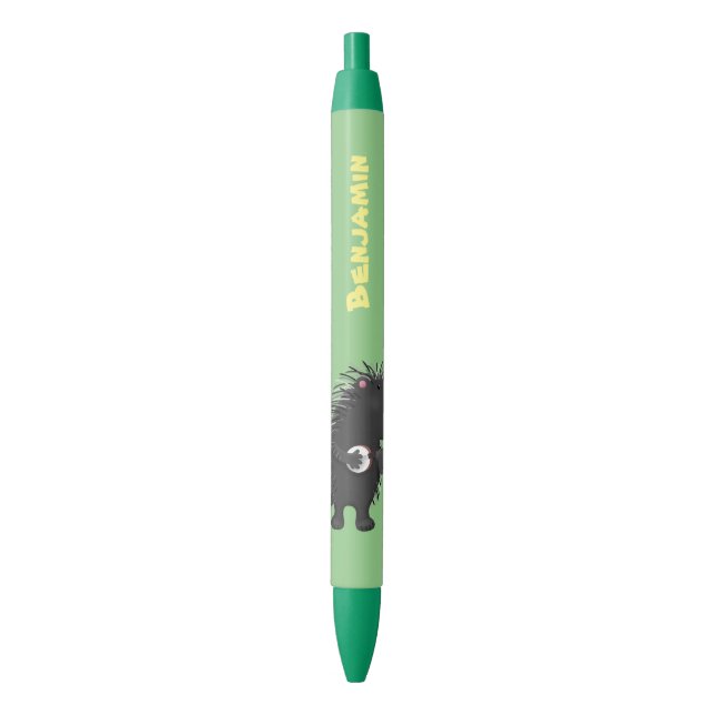 Cute funny porcupine playing banjo cartoon black ink pen (Front Vertical)