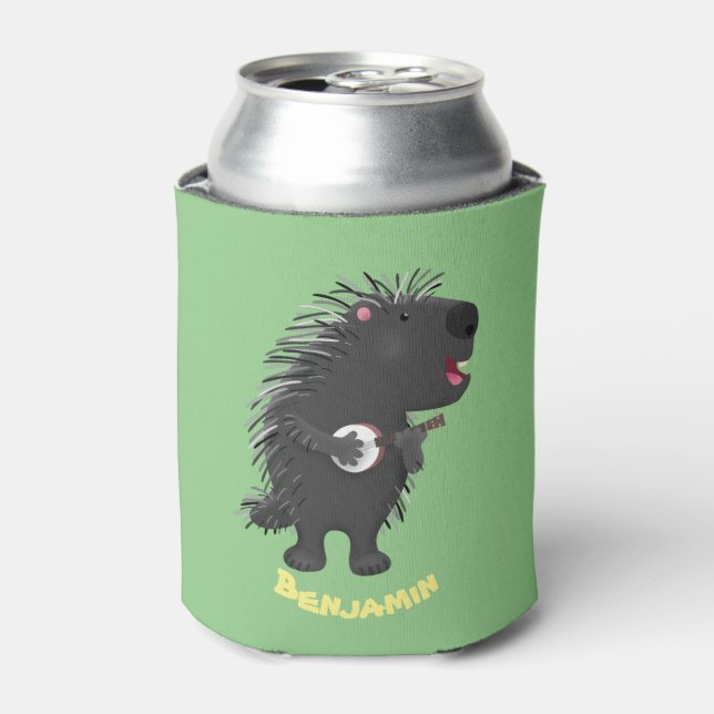 Cute funny porcupine playing banjo cartoon can cooler (Can Front)