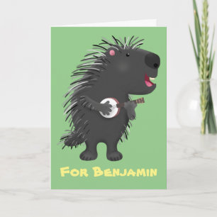 Cute funny porcupine playing banjo cartoon card