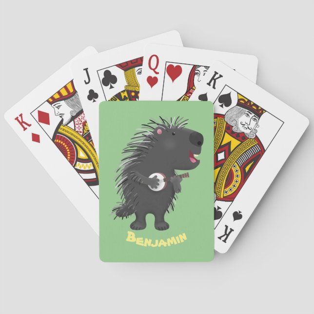 Cute funny porcupine playing banjo cartoon cards (Back)