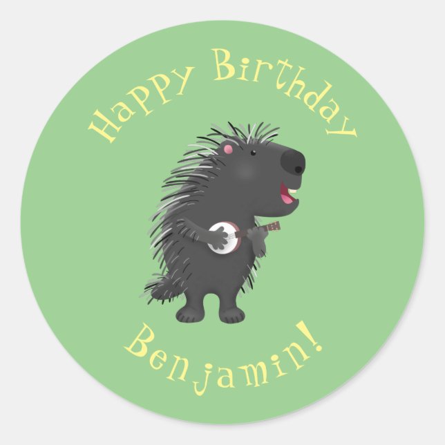 Cute funny porcupine playing banjo cartoon classic round sticker (Front)