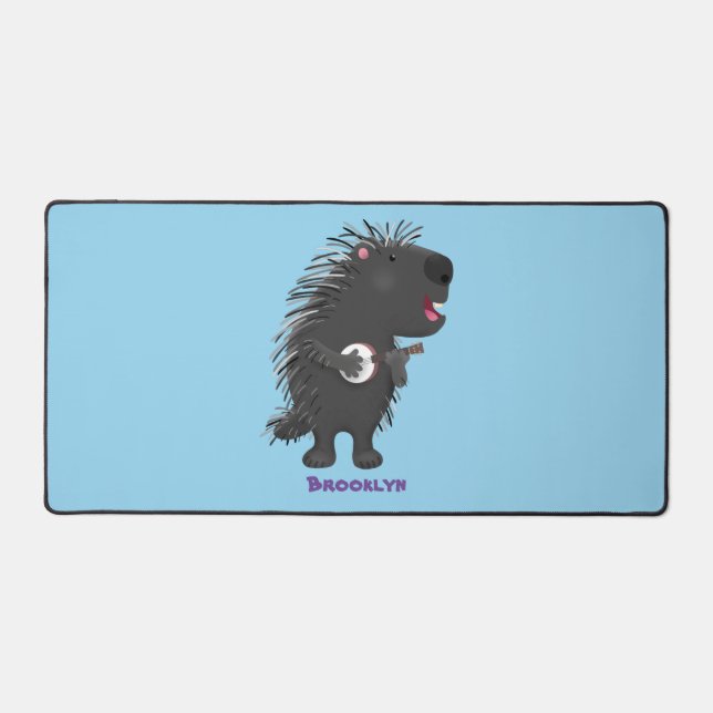 Cute funny porcupine playing banjo cartoon  desk mat (Front)