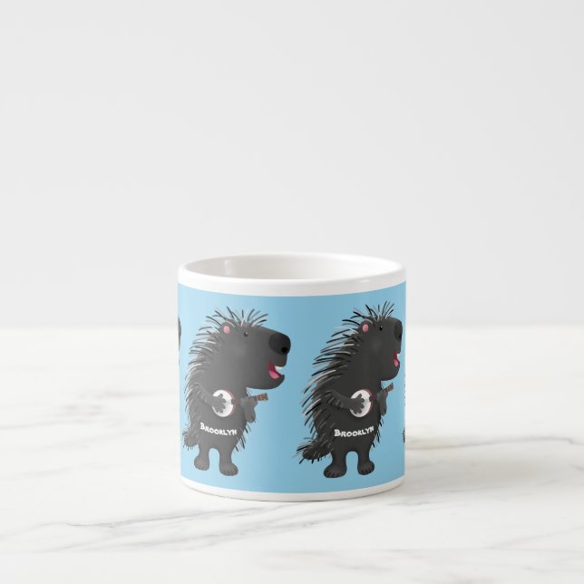 Cute funny porcupine playing banjo cartoon espresso cup (Front)