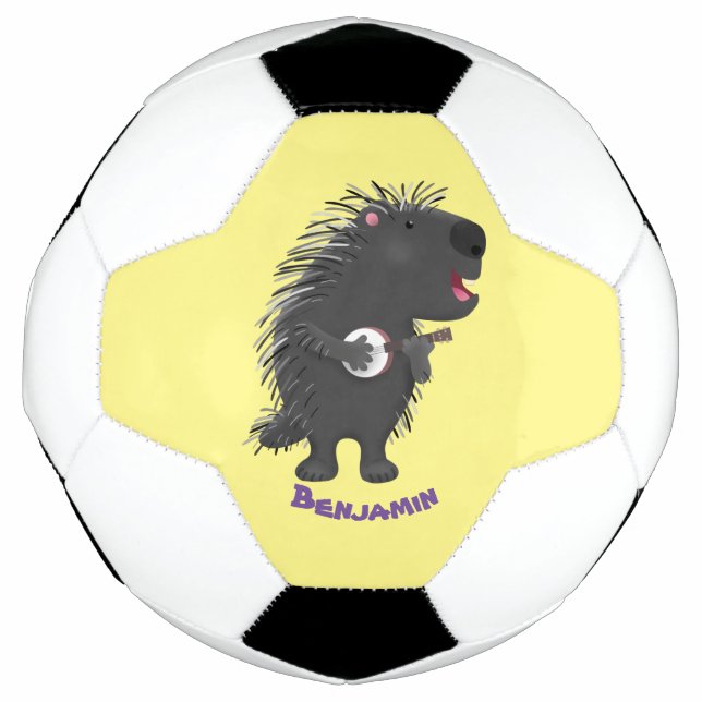 Cute funny porcupine playing banjo cartoon football (Front)