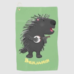 Cute funny porcupine playing banjo cartoon golf towel
