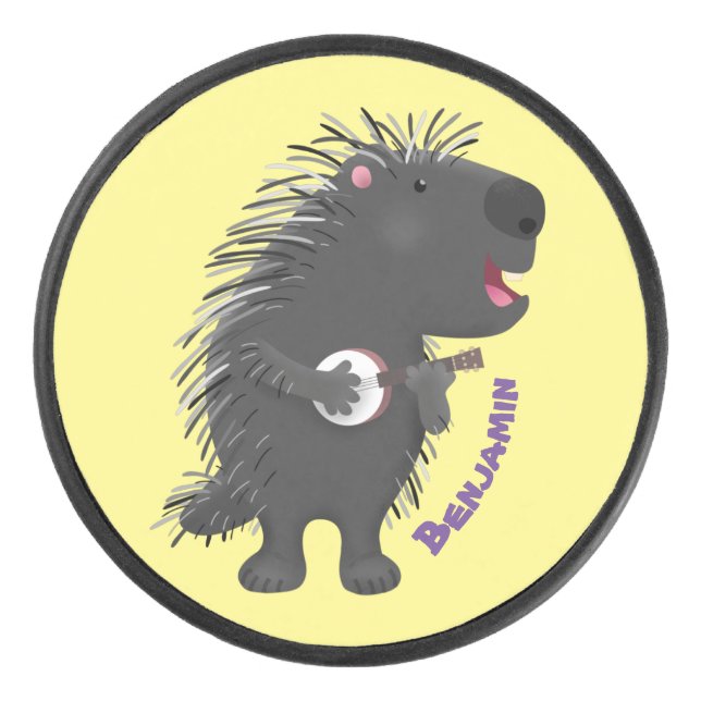 Cute funny porcupine playing banjo cartoon  hockey puck (Front)