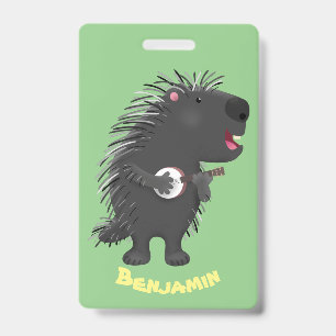 Cute funny porcupine playing banjo cartoon ID badge