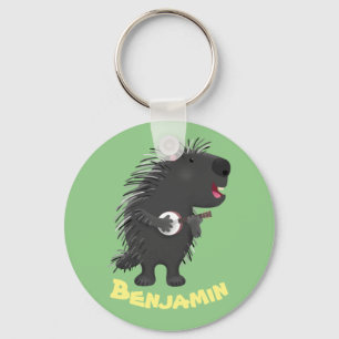 Cute funny porcupine playing banjo cartoon key ring