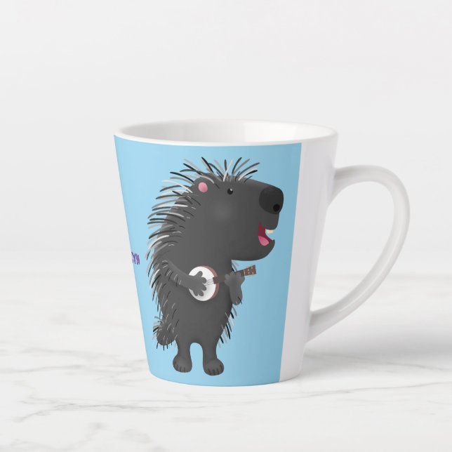 Cute funny porcupine playing banjo cartoon latte mug (Right)