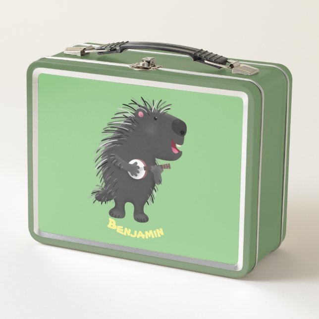 Cute funny porcupine playing banjo cartoon  metal lunch box (Front)