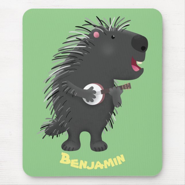 Cute funny porcupine playing banjo cartoon mouse mat (Front)