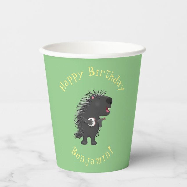 Cute funny porcupine playing banjo cartoon paper cups (Front)
