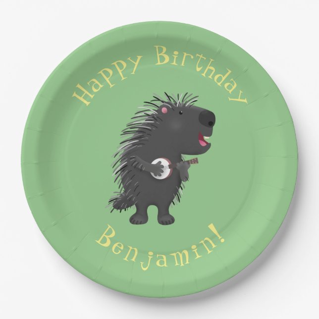 Cute funny porcupine playing banjo cartoon paper plate (Front)