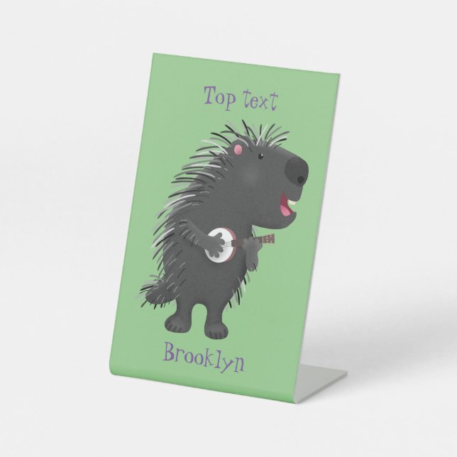 Cute funny porcupine playing banjo cartoon pedestal sign (Front)