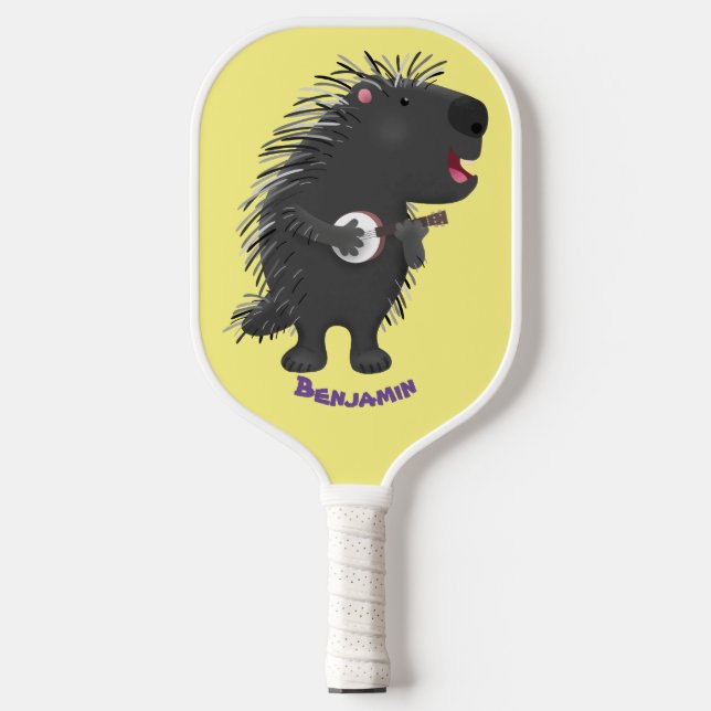 Cute funny porcupine playing banjo cartoon pickleball paddle (Front)