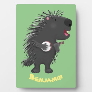 Cute funny porcupine playing banjo cartoon  plaque