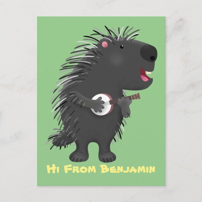 Cute funny porcupine playing banjo cartoon postcard (Front)