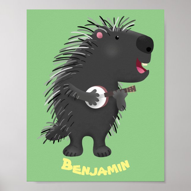 Cute funny porcupine playing banjo cartoon  poster (Front)