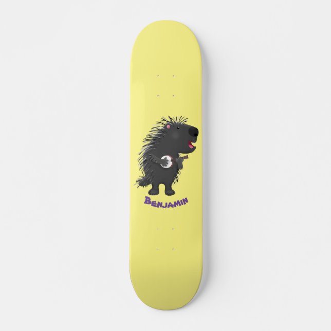 Cute funny porcupine playing banjo cartoon skateboard (Front)