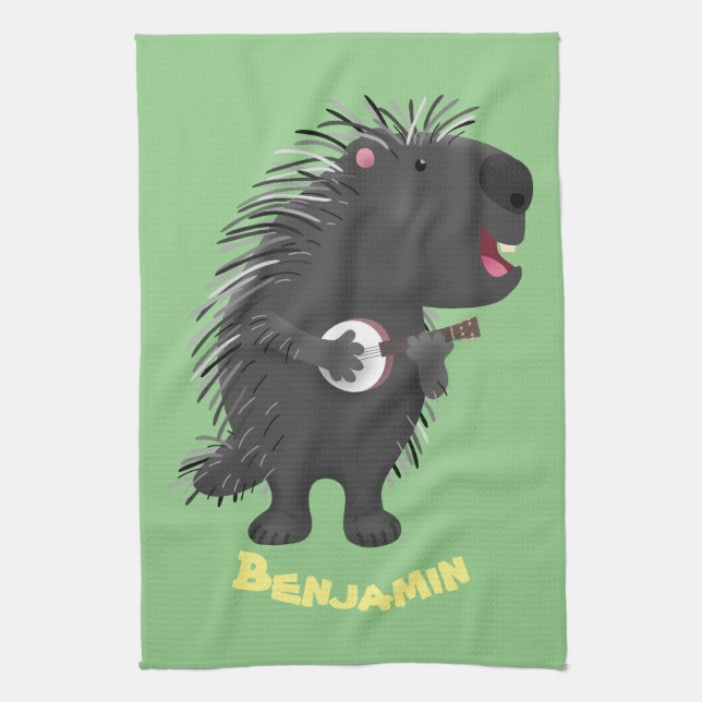 Cute funny porcupine playing banjo cartoon tea towel (Vertical)