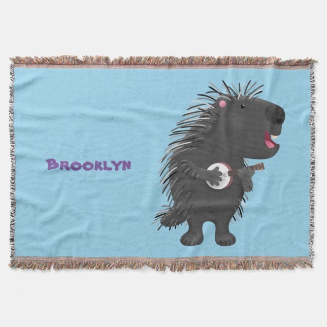Cute funny porcupine playing banjo cartoon throw blanket (Front)