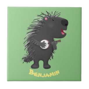 Cute funny porcupine playing banjo cartoon tile